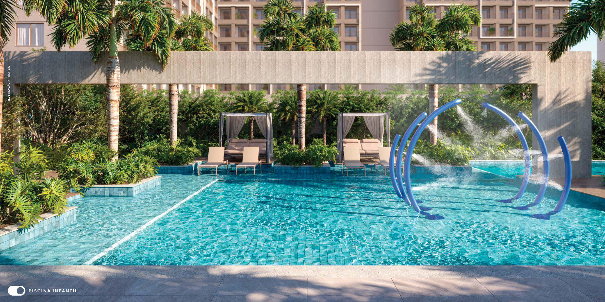 Piscina e deck com gazebos