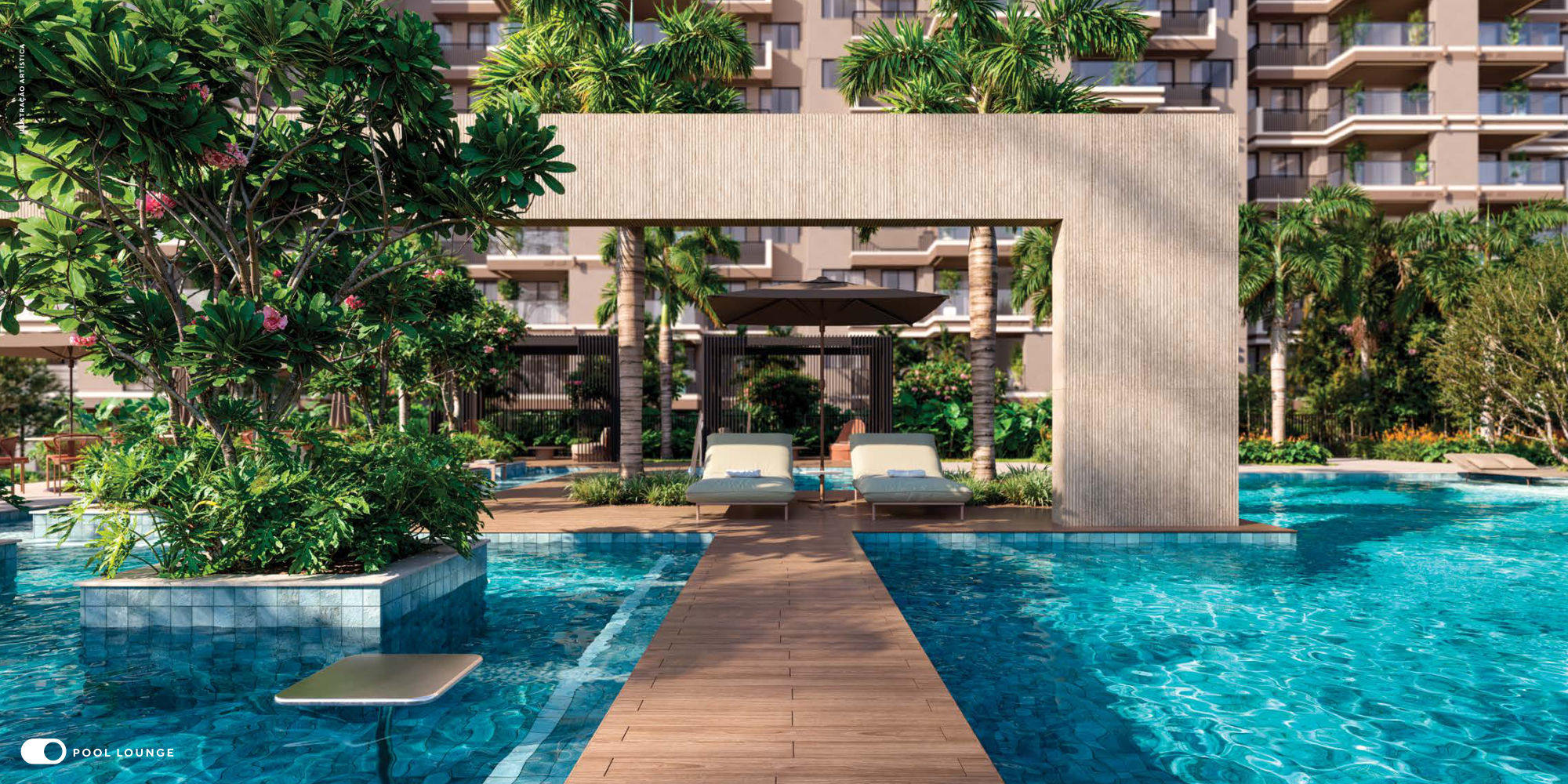 Pool lounge com deck sobre a piscina